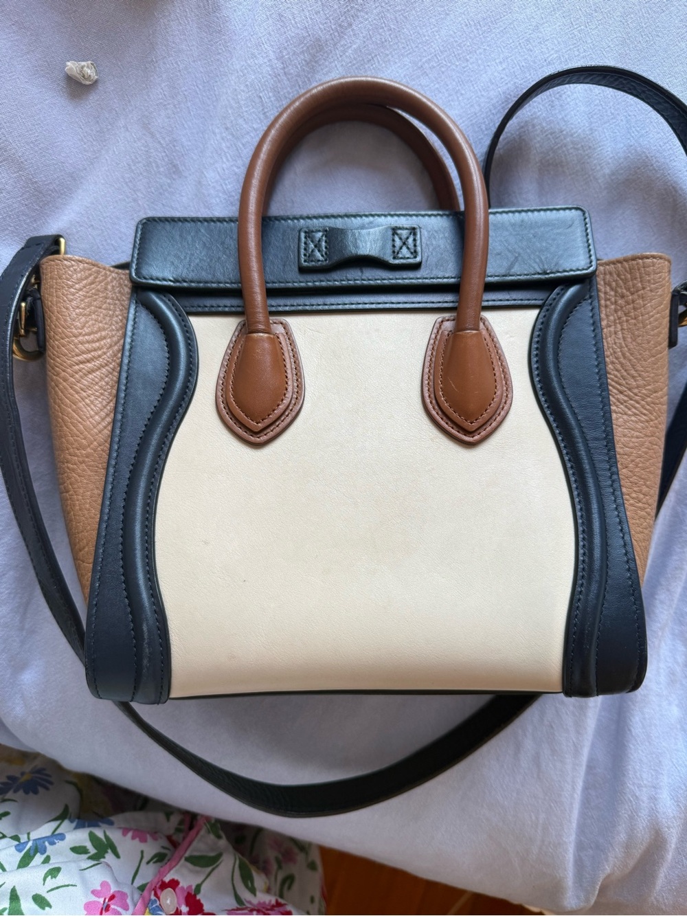 Celine Tri-Tone Nano Luggage Tote in Cream, Black & Brown - Picture 3 of 8